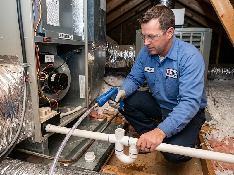 Technician clearing a clogged white PVC condensate drain pipe