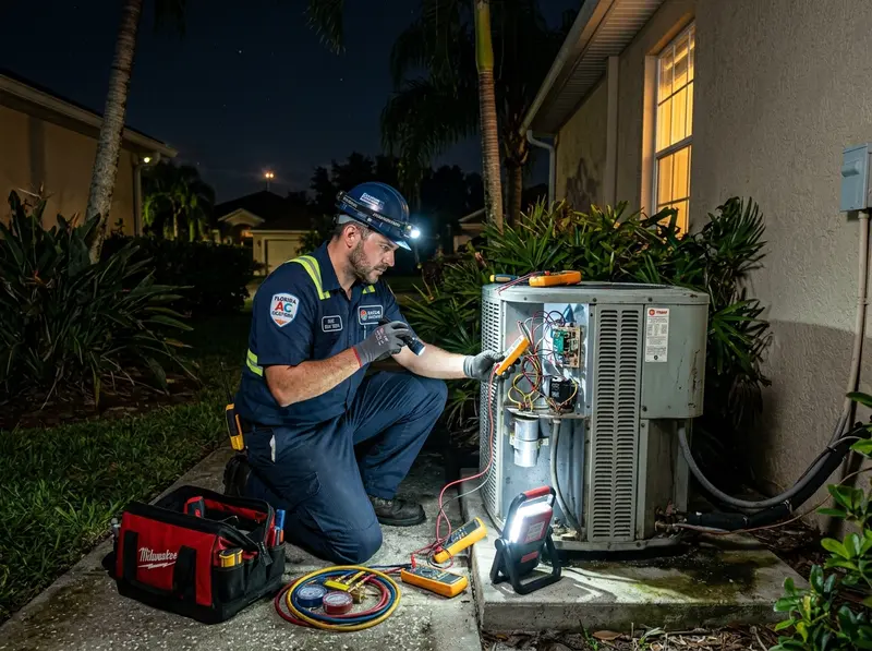 HVAC technician repairing central air unit at night under flashlight